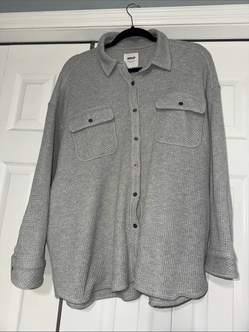 Aerie gray, waffle, knit button front long sleeve oversize shirt